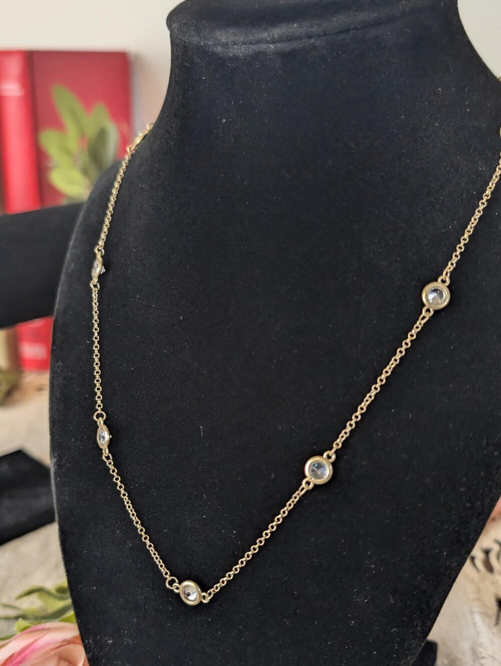 Vintage Talbot's 925 Sterling Silver Crystal Station Necklace Bezel Set Dainty
